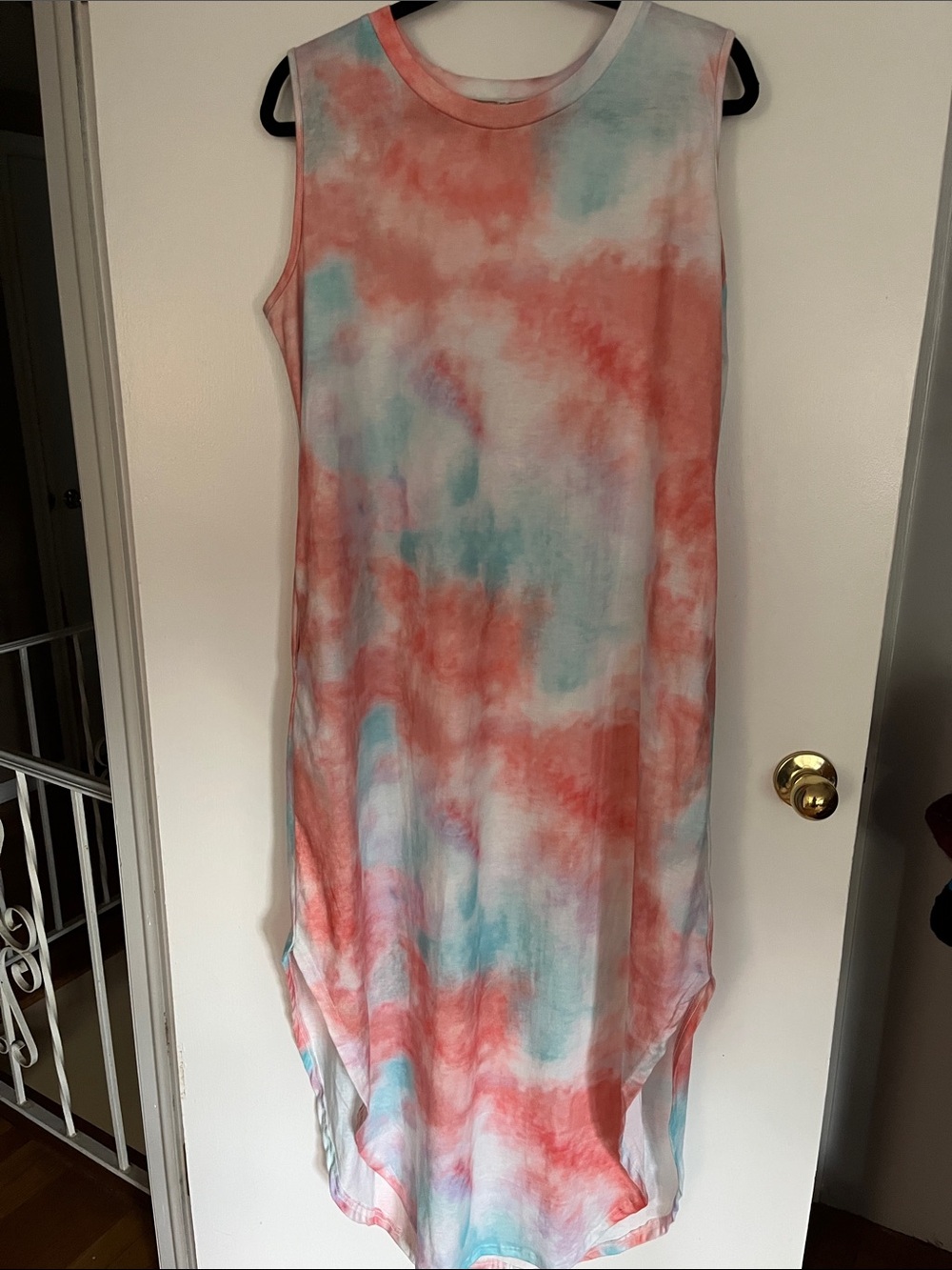 Sleeveless Coral & Aqua Tie-Dye Maxi Dress